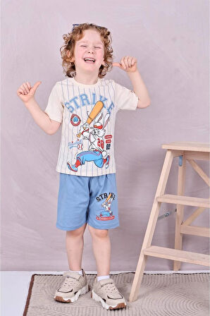 PJKSKT Tavşan Strike Desenli Mavi Şortlu Erkek Çocuk Kısa Kol Takım 7591-M