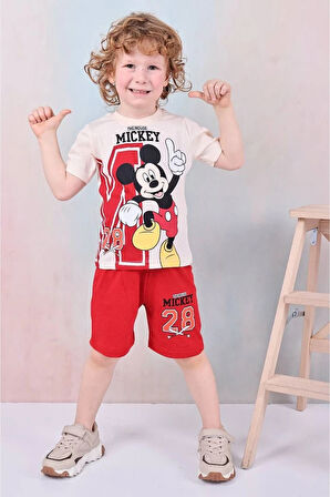 PJKSKT Mickey Mause Desenli Kırmızı Şortlu Erkek Çocuk Kısa Kol Takım 7597-K