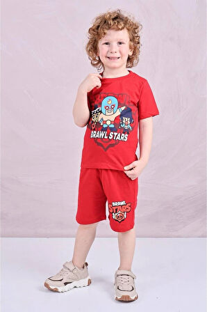 PJKSKT Brawl Star Desenli Kırmızı Şortlu Erkek Çocuk Kısa Kol Takım 7598-K