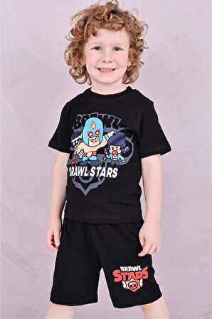 PJKSKT Brawl Star Desenli Siyah Şortlu Erkek Çocuk Kısa Kol Takım 7598-S