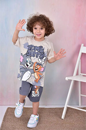 PJKSKT Tom&Jerry Desenli Füme Şortlu Erkek Çocuk Kısa Kol Takım 7601-F