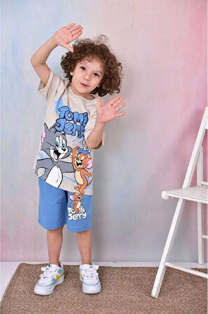PJKSKT Tom&Jerry Desenli Mavi Şortlu Erkek Çocuk Kısa Kol Takım 7601-M