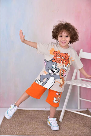 PJKSKT Tom&Jerry Desenli Turuncu Şortlu Erkek Çocuk Kısa Kol Takım 7601-T