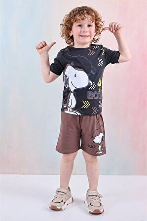 PJKSKT Snoopy Desenli Kahverengi Şortlu Erkek Çocuk Kısa Kol Takım 7603-K