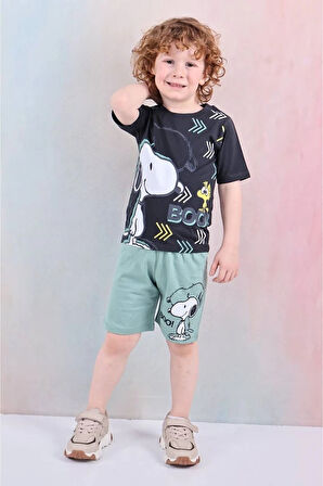 PJKSKT Snoopy Desenli Yeşil Şortlu Erkek Çocuk Kısa Kol Takım 7603-Y