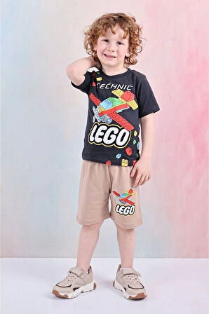 PJKSKT Lego Desenli Bej Şortlu Erkek Çocuk Kısa Kol Takım 7606-B