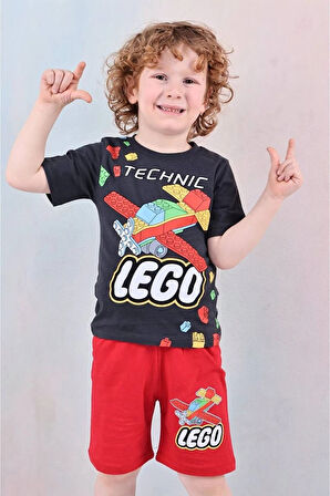PJKSKT Lego Desenli Kırmızı Şortlu Erkek Çocuk Kısa Kol Takım 7606-K
