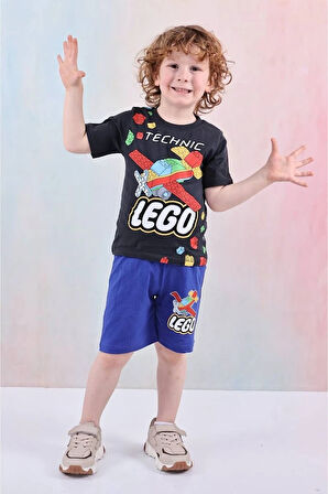 PJKSKT Lego Desenli Saks Mavisi Şortlu Erkek Çocuk Kısa Kol Takım 7606-S