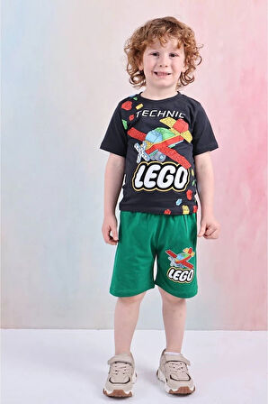 PJKSKT Lego Desenli Yeşil Şortlu Erkek Çocuk Kısa Kol Takım 7606-Y