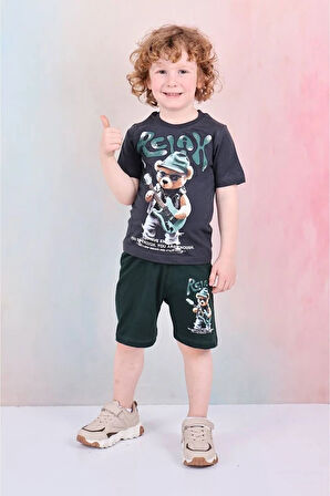 PJKSKT Relax Gitarcı Ayı Desenli Yeşil Şortlu Erkek Çocuk Kısa Kol Takım 7608-Y