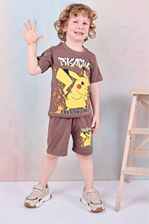 PJKSKT Pikachu Desenli Kahverengi Şortlu Erkek Çocuk Kısa Kol Takım 7609-K