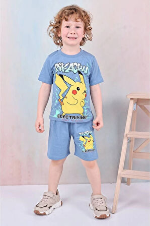 PJKSKT Pikachu Desenli Mavi Şortlu Erkek Çocuk Kısa Kol Takım 7609-M