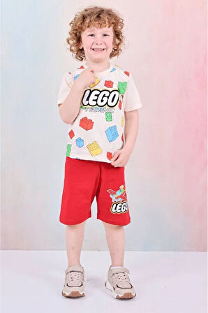 PJKSKT Lego Desenli Kırmızı Şortlu Erkek Çocuk Kısa Kol Takım 7610-K