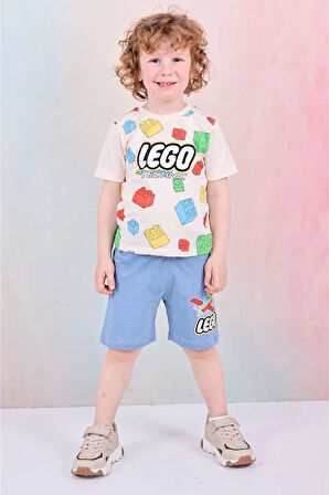 PJKSKT Lego Desenli Mavi Şortlu Erkek Çocuk Kısa Kol Takım 7610-M