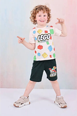 PJKSKT Lego Desenli Yeşil Şortlu Erkek Çocuk Kısa Kol Takım 7610-Y