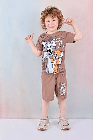 PJKSKT Tom&Jerry Desenli Kahverengi Şortlu Erkek Çocuk Kısa Kol Takım 7611-K
