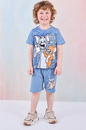 PJKSKT Tom&Jerry Desenli Mavi Şortlu Erkek Çocuk Kısa Kol Takım 7611-M