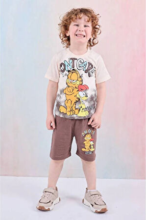 PJKSKT Garfield Desenli Kahverengi Şortlu Erkek Çocuk Kısa Kol Takım 7612-K