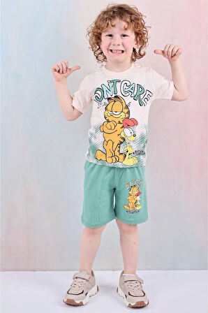 PJKSKT Garfield Desenli Yeşil Şortlu Erkek Çocuk Kısa Kol Takım 7612-Y