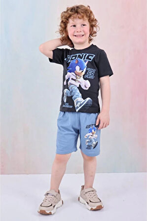 PJKSKT Sonic Desenli Mavi Şortlu Erkek Çocuk Kısa Kol Takım 7613-M