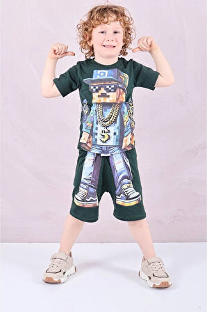 PJKSKT Minec Desenli Koyu Yeşil Şortlu Erkek Çocuk Kısa Kol Takım 7614-KY