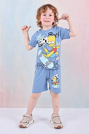 PJKSKT Simpson Desenli Mavi Şortlu Erkek Çocuk Kısa Kol Takım 7616-M