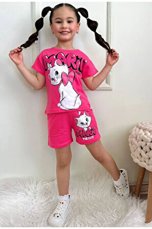 PJKSKT Marie Tatlı Kedicik Desenli Fuşya Şortlu Kız Çocuk Kısa Kol Takım 7623-F