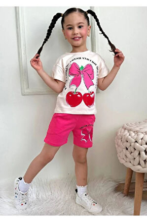 PJKSKT Kiraz Desenli Fuşya Şortlu Kız Çocuk Kısa Kol Takım 7625-F