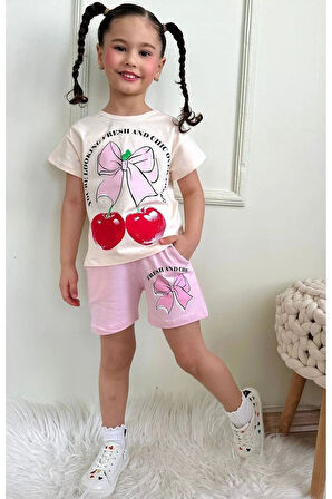 PJKSKT Kiraz Desenli Pembe Şortlu Kız Çocuk Kısa Kol Takım 7625-P