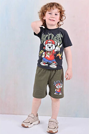 PJKSKT Cool Ayıcık Desenli Haki Şortlu Erkek Çocuk Kısa Kol Takım 7627-H