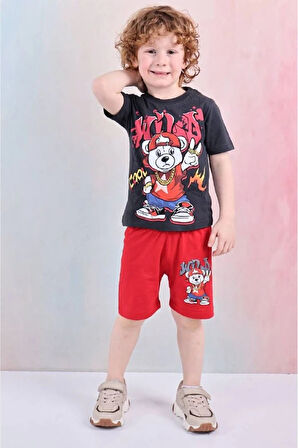 PJKSKT Cool Ayıcık Desenli Kırmızı Şortlu Erkek Çocuk Kısa Kol Takım 7627-K