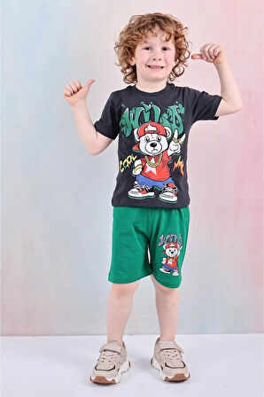 PJKSKT Cool Ayıcık Desenli Yeşil Şortlu Erkek Çocuk Kısa Kol Takım 7627-Y