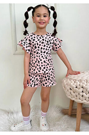 PJKSKT Leopar Desen Somon Fitilli Kumaş Fırfırlı Kollu Şortlu Kız Çocuk Kısa Kol Takım 7632-S