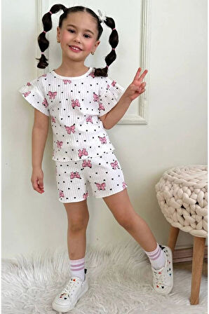 PJKSKT Kalp Fiyonk Desen Ekru Fitilli Kumaş Fırfırlı Kollu Şortlu Kız Çocuk Kısa Kol Takım 7633-E