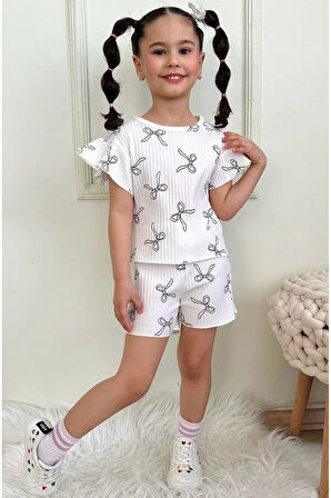 PJKSKT Fiyonk Desen Ekru Fitilli Kumaş Fırfırlı Kollu Şortlu Kız Çocuk Kısa Kol Takım 7637-E