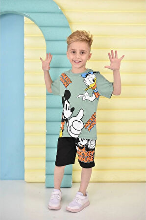 PJKSKT Mickey Mause Desenli Yeşil Şortlu Erkek Çocuk Kısa Kol Takım 7657-Y