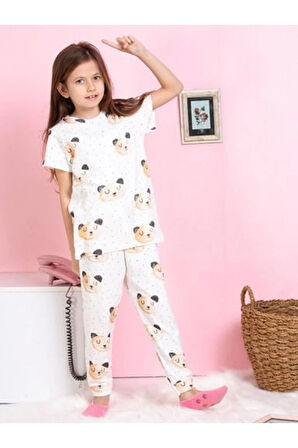 ELMKP Ekru Ayıcık Desen Fitilli Kumaş Kız Çocuk Pijama Takımı 3-10 Yaş 1110