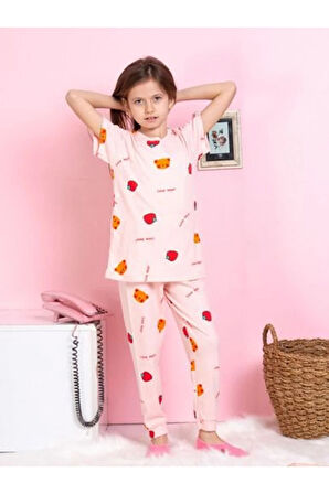 ELMKP Pembe Çilek Desen Fitilli Kumaş Kız Çocuk Pijama Takımı 3-10 Yaş 1116