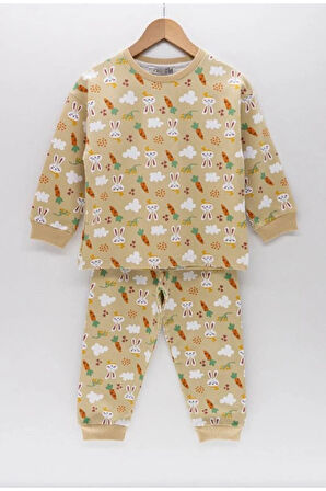 İSOB Bej 2ip Fırçalı Kumaş %100 Pamuk Kız Çocuk Pijama Takımı 3-8 Yaş 11220-B