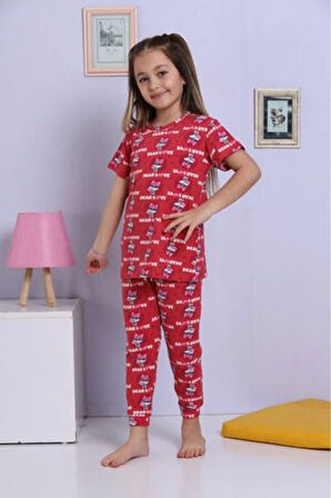 ELMKP Kırmızı Kedicik Desen Kız Çocuk Pijama Takımı 3-10 Yaş 1173