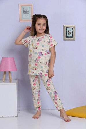 ELMKP Bej Ayıcık Desen Kız Çocuk Pijama Takımı 3-10 Yaş 1175
