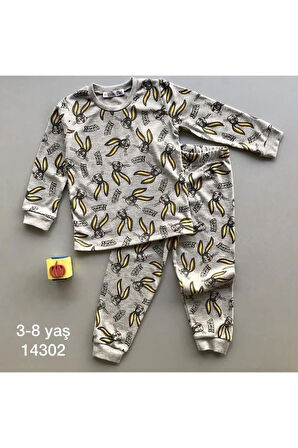 İSOB Gri Tavşan Desenli %100 Pamuk Erkek Çocuk Pijama Takımı 3-8 Yaş 14302-G