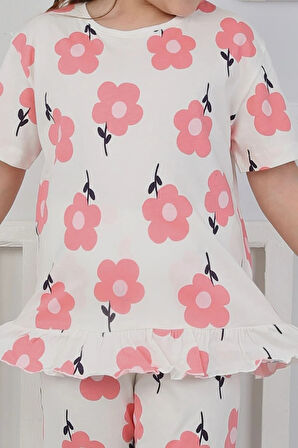 İSOB Ekru Çiçek Desenli %100 Pamuk Kız Çocuk Kısa Kollu Pijama Takımı 3-8 Yaş 21207-E