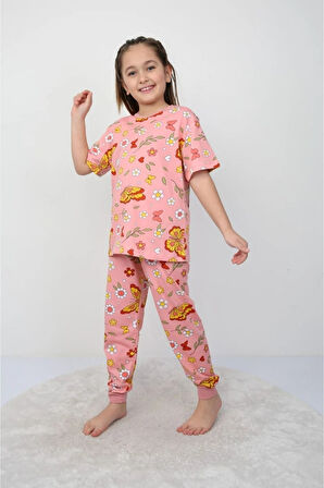 İSOB Pembe Kelebek Desenli %100 Pamuk Kız Çocuk Kısa Kollu Pijama Takımı 3-8 Yaş 21208-P