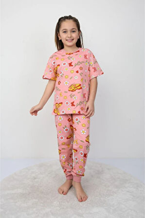 İSOB Pembe Kelebek Desenli %100 Pamuk Kız Çocuk Kısa Kollu Pijama Takımı 3-8 Yaş 21208-P