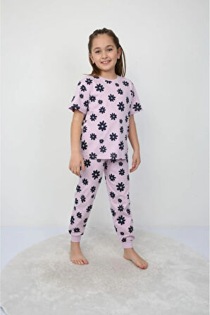 İSOB Lila Çiçek Desenli %100 Pamuk Kız Çocuk Kısa Kollu Pijama Takımı 3-8 Yaş 21209-L