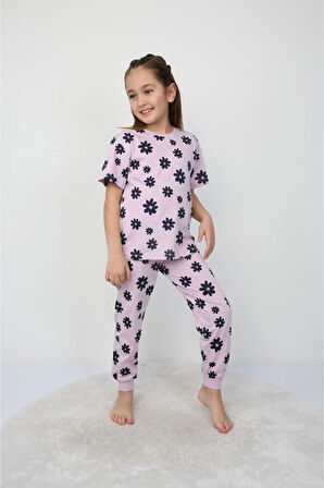 İSOB Lila Çiçek Desenli %100 Pamuk Kız Çocuk Kısa Kollu Pijama Takımı 3-8 Yaş 21209-L