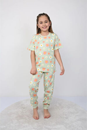 İSOB Yeşil Çiçek Desenli %100 Pamuk Kız Çocuk Kısa Kollu Pijama Takımı 3-8 Yaş 21210-Y