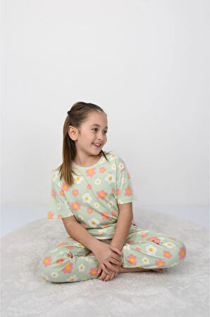 İSOB Yeşil Çiçek Desenli %100 Pamuk Kız Çocuk Kısa Kollu Pijama Takımı 3-8 Yaş 21210-Y