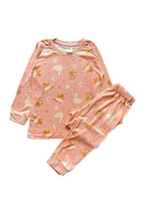 *ELMP Pudra Rengi Kuğu Desen %100 Pamuk Kız Çocuk Pijama Takımı 1-9 Yaş 2211